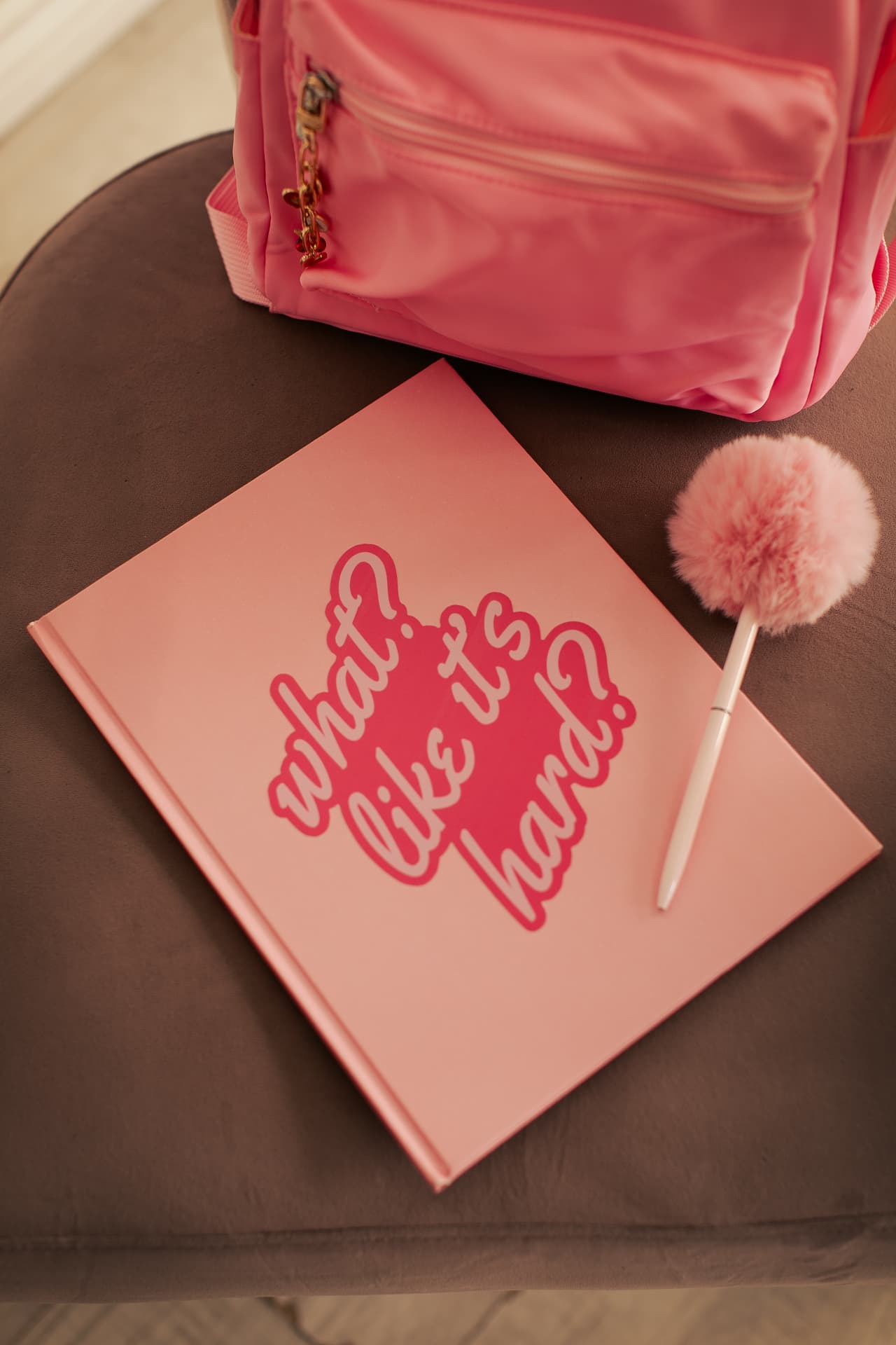 Pink 'what, like it's hard?' notebook and pink backpack
