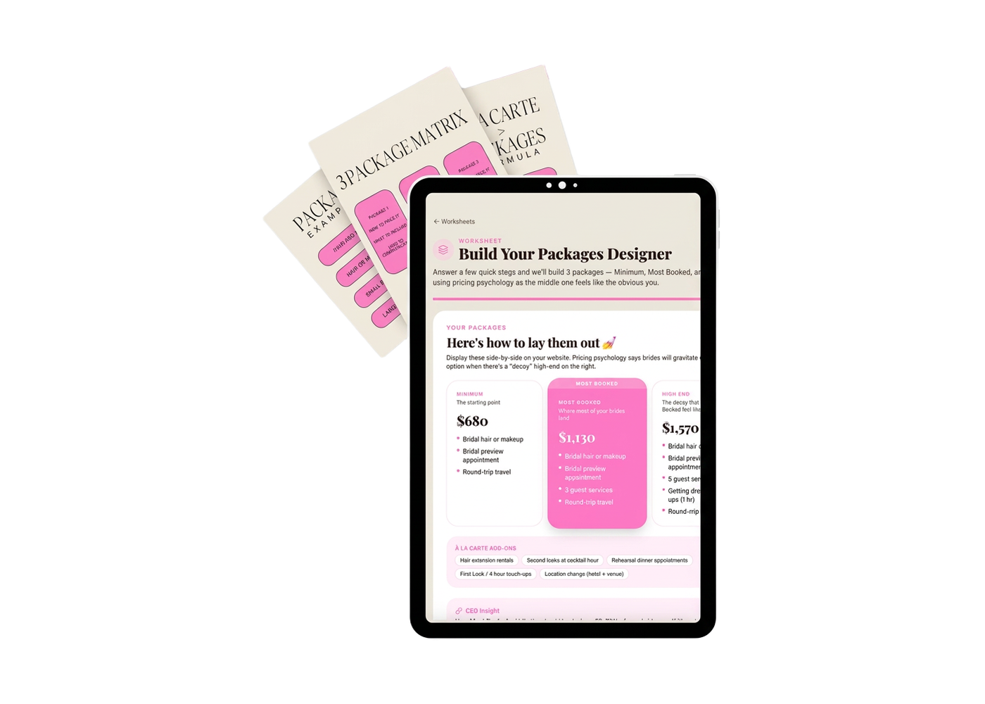 The build your packages designer shown on a tablet with printed package worksheets