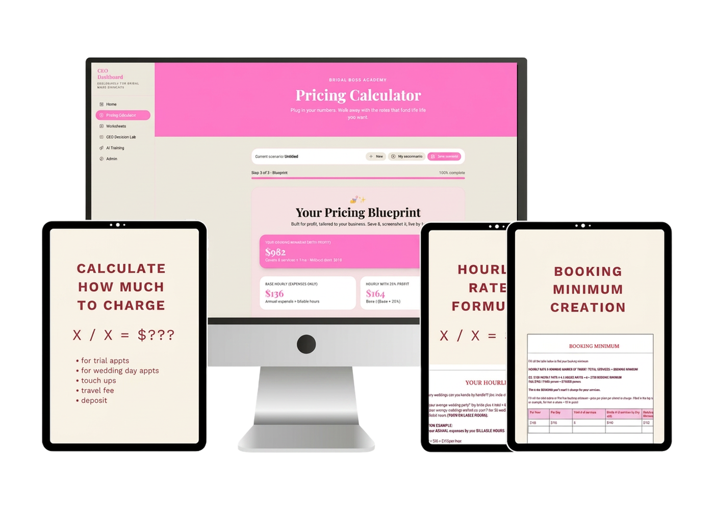 The Bridal Boss Academy pricing calculator shown on a desktop and tablet