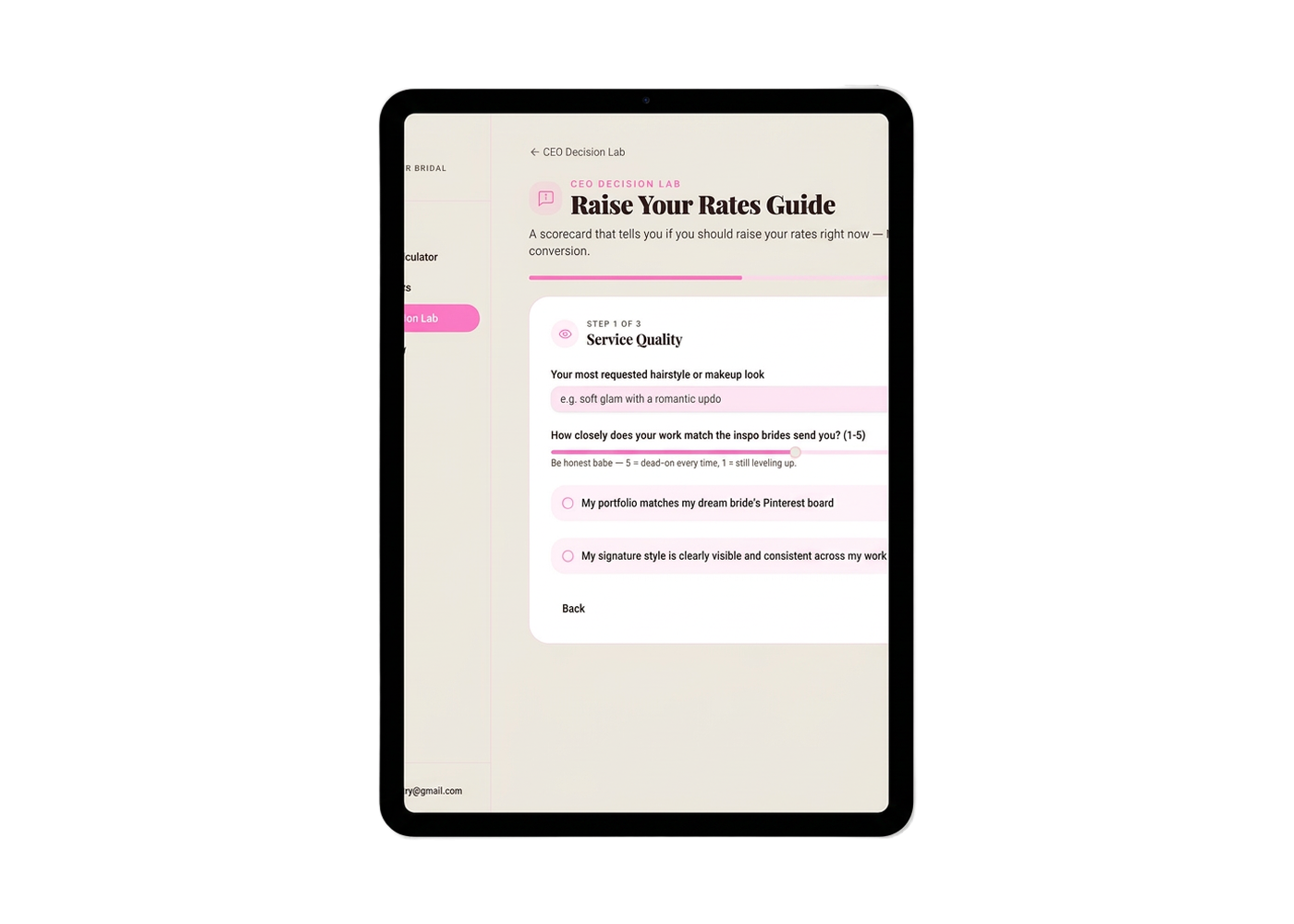 The raise your rates guide shown on a tablet
